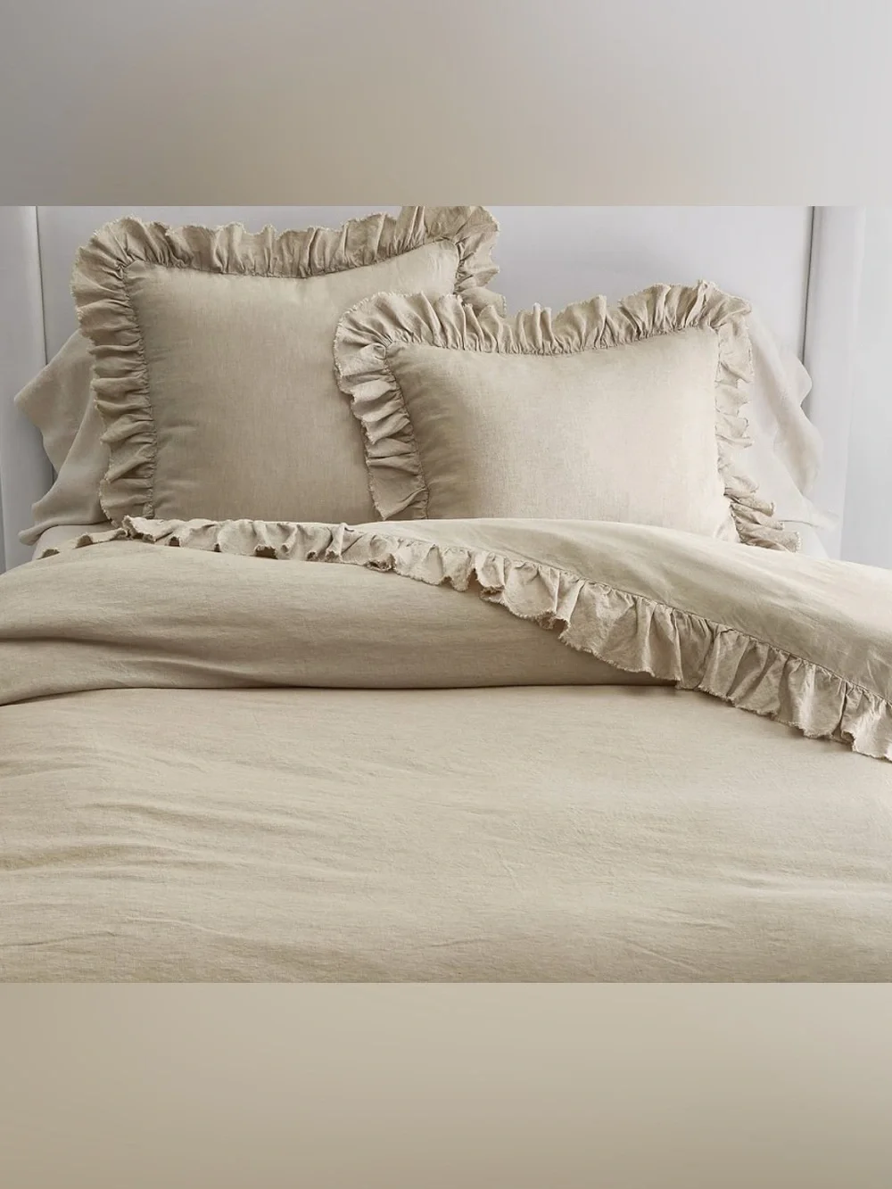 POTTERY BARN *BELGIAN FLAX RUFFLE LINEN DUVET COVER *FLAX *NWT $299.00 *QUEEN